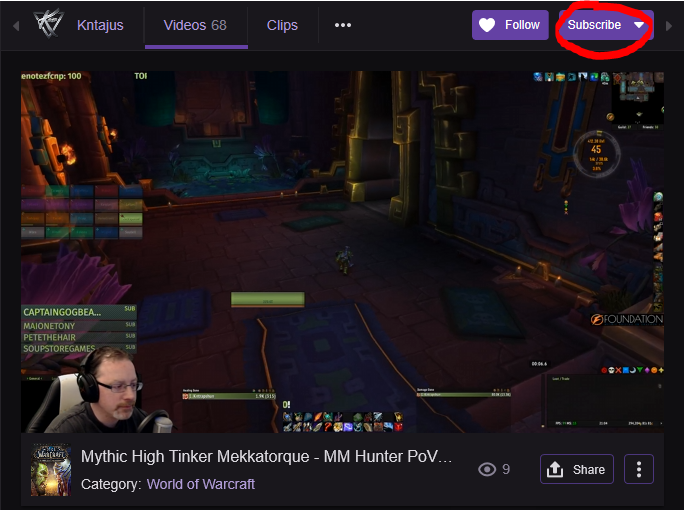 Location of Subscribe button on Twitch page